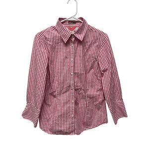 J. McLaughlin Button Down 7/8 sleeve top pink gingham silk flip cuff size 10